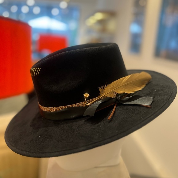 Atousa G Black Western Hat w/ rose gold flower and feather - Picture 2 of 4